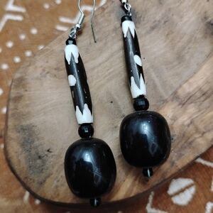 Chic Black Onyx & Bone White Beaded Earrings